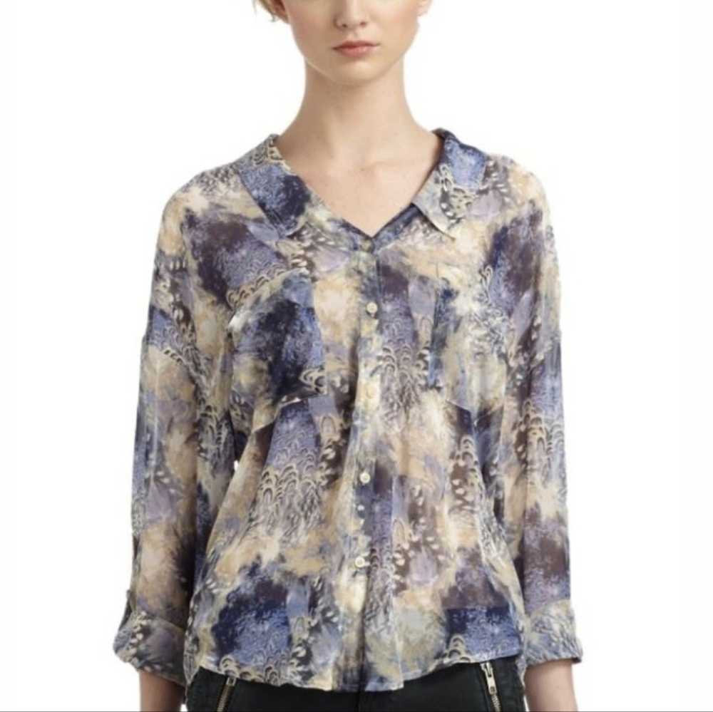 Free People Easy Rider Sheer Button Down Top With Abstract Feather Design
